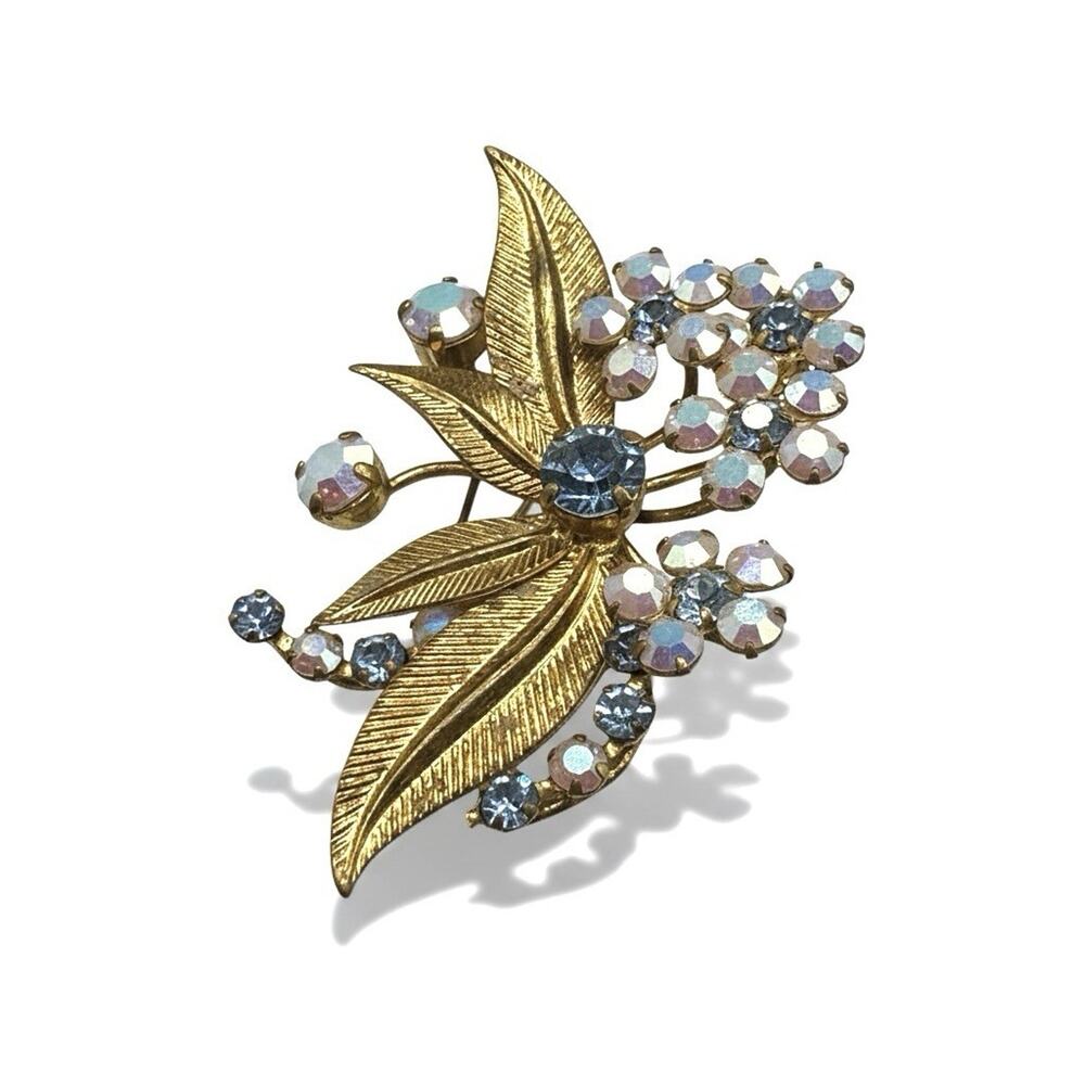 Vintage Signed Made In Austria Blue Stone And Rhinestones Brooch Gold Tone